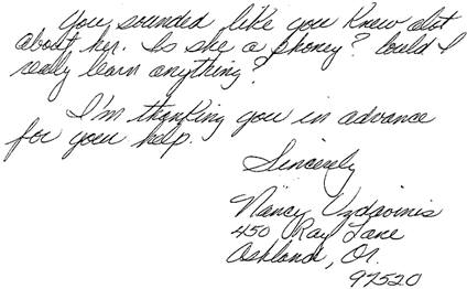 Letter from Noreen Renier pretending to be Nancy Uzdavinis asking for information on herself.
